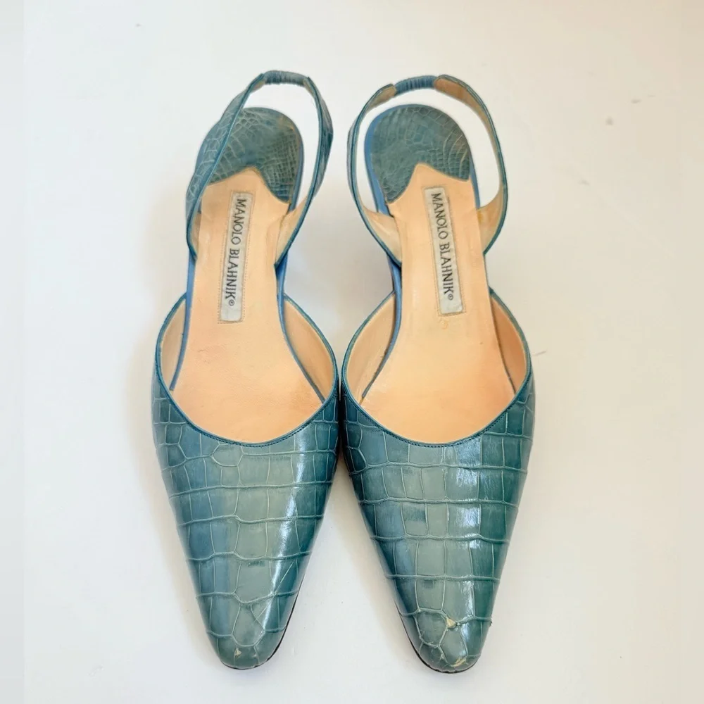 Manolo Blahnik Teal Blue Croc Embossed Leather Carolyne Slingback Heels EU 38.5 - Picture 3 of 10